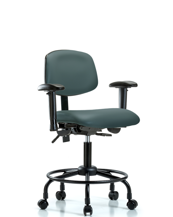Blue Ridge Ergonomics VDHCH-RT-T1-A1-RC-8546 Rutledge Vinyl Chair - Desk Height with Round Tube Base, Seat Tilt, Adjustable Arms, & Casters in Colonial Blue Trailblazer™ Vinyl