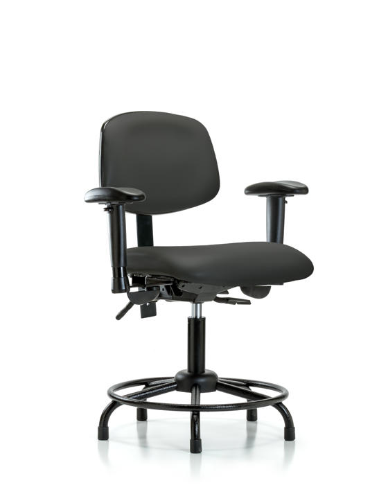Blue Ridge Ergonomics VDHCH-RT-T1-A1-RG-8605 Rutledge Vinyl Chair - Desk Height with Round Tube Base, Seat Tilt, Adjustable Arms, & Stationary Glides in Charcoal Trailblazer™ Vinyl