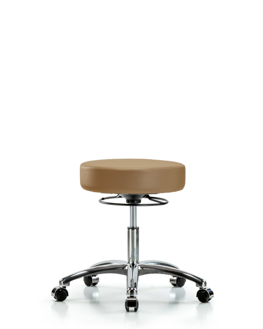 Blue Ridge Ergonomics VDHSO-CR-CC-8584 Rutledge Vinyl Stool without Back Chrome - Desk Height with Casters in Taupe Trailblazer™ Vinyl