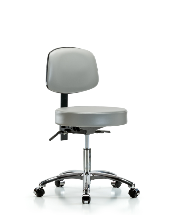 Blue Ridge Ergonomics VDHST-CR-T0-CC-8567 Rutledge Vinyl Stool with Back Chrome - Desk Height with Casters in Dove Trailblazer™ Vinyl