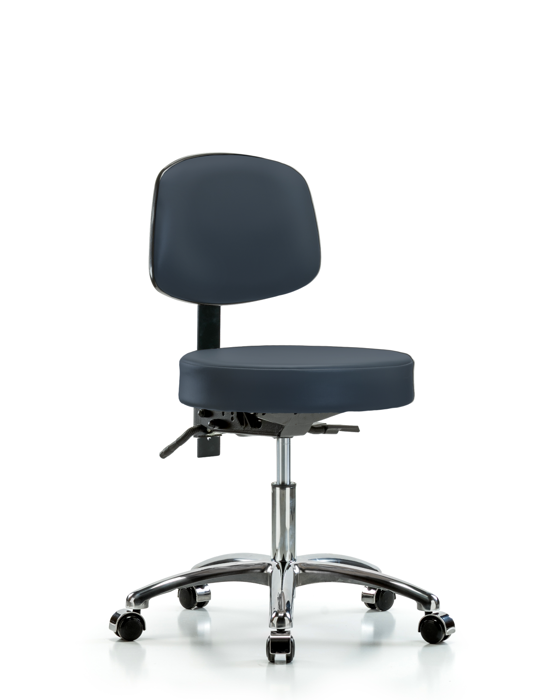 Blue Ridge Ergonomics VDHST-CR-T0-CC-8582 Rutledge Vinyl Stool with Back Chrome - Desk Height with Casters in Imperial Blue Trailblazer™ Vinyl