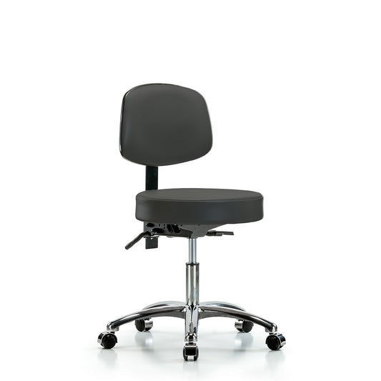 Blue Ridge Ergonomics VDHST-CR-T0-CC-8605 Rutledge Vinyl Stool with Back Chrome - Desk Height with Casters in Charcoal Trailblazer™ Vinyl