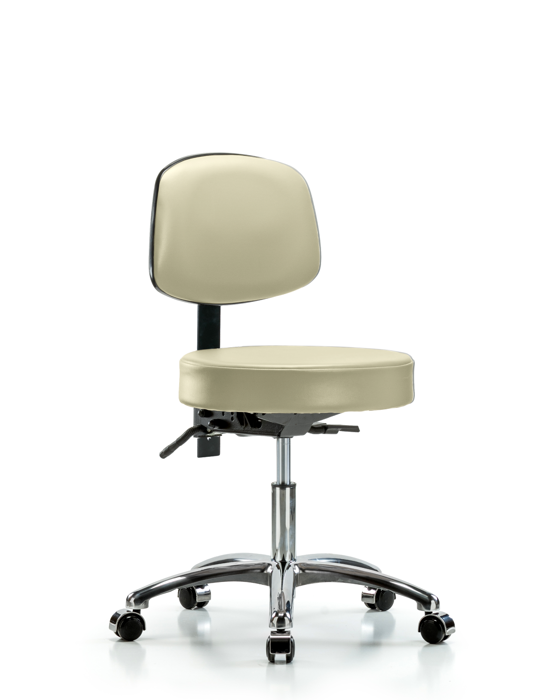 Blue Ridge Ergonomics VDHST-CR-T1-CC-8501 Rutledge Vinyl Stool with Back Chrome - Desk Height with Seat Tilt & Casters in Adobe White Trailblazer™ Vinyl