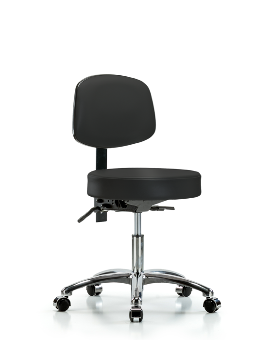 Blue Ridge Ergonomics VDHST-CR-T1-CC-8540 Rutledge Vinyl Stool with Back Chrome - Desk Height with Seat Tilt & Casters in Black Trailblazer™ Vinyl