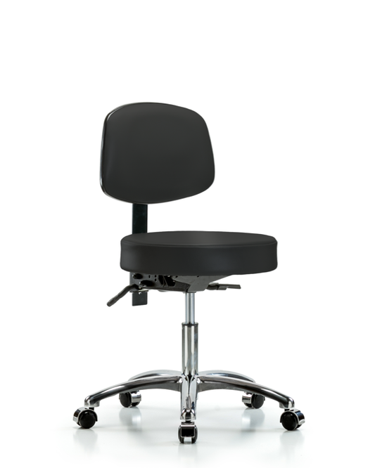 Blue Ridge Ergonomics VDHST-CR-T1-CC-8540 Rutledge Vinyl Stool with Back Chrome - Desk Height with Seat Tilt & Casters in Black Trailblazer™ Vinyl