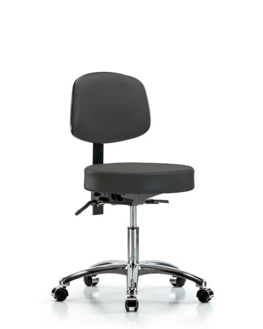 Blue Ridge Ergonomics VDHST-CR-T1-CC-8605 Rutledge Vinyl Stool with Back Chrome - Desk Height with Seat Tilt & Casters in Charcoal Trailblazer™ Vinyl