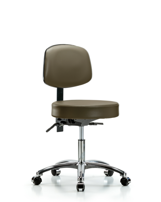 Blue Ridge Ergonomics VDHST-CR-T1-CC-8809 Rutledge Vinyl Stool with Back Chrome - Desk Height with Seat Tilt & Casters in Taupe Supernova™ Vinyl