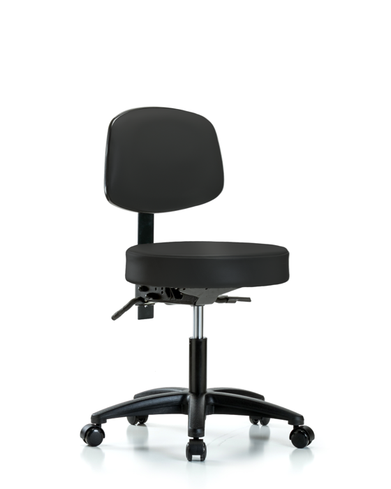 Blue Ridge Ergonomics VDHST-RG-T1-RC-8540 Rutledge Vinyl Stool with Back - Desk Height with Seat Tilt & Casters in Black Trailblazer™ Vinyl