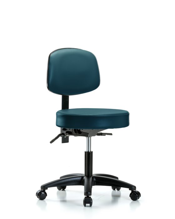 Blue Ridge Ergonomics VDHST-RG-T1-RC-8801 Rutledge Vinyl Stool with Back - Desk Height with Seat Tilt & Casters in Marine Blue Supernova™ Vinyl