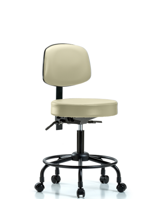 Blue Ridge Ergonomics VDHST-RT-T0-RC-8501 Rutledge Vinyl Stool with Back - Desk Height with Round Tube Base & Casters in Adobe White Trailblazer™ Vinyl
