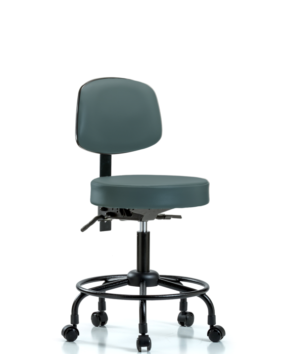 Blue Ridge Ergonomics VDHST-RT-T0-RC-8546 Rutledge Vinyl Stool with Back - Desk Height with Round Tube Base & Casters in Colonial Blue Trailblazer™ Vinyl