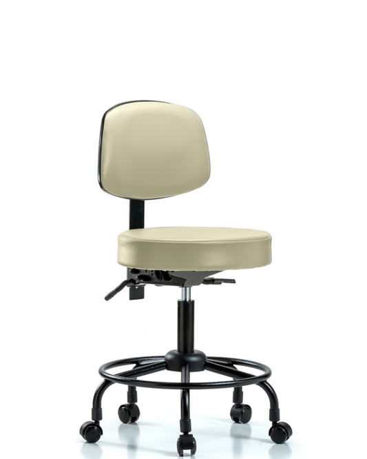 Blue Ridge Ergonomics VDHST-RT-T1-RC-8501 Rutledge Vinyl Stool with Back - Desk Height with Round Tube Base, Seat Tilt, & Casters in Adobe White Trailblazer™ Vinyl