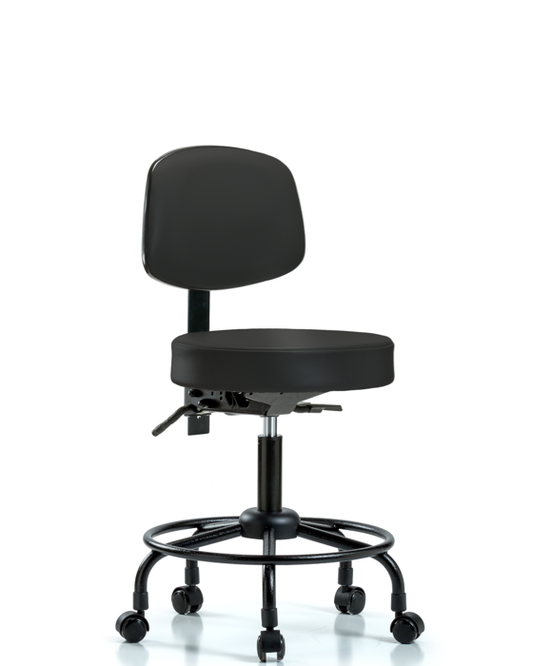 Blue Ridge Ergonomics VDHST-RT-T1-RC-8540 Rutledge Vinyl Stool with Back - Desk Height with Round Tube Base, Seat Tilt, & Casters in Black Trailblazer™ Vinyl