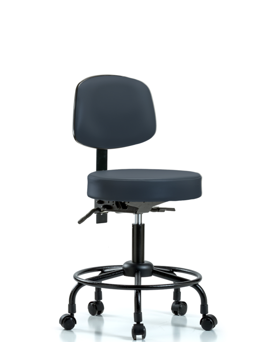 Blue Ridge Ergonomics VDHST-RT-T1-RC-8582 Rutledge Vinyl Stool with Back - Desk Height with Round Tube Base, Seat Tilt, & Casters in Imperial Blue Trailblazer™ Vinyl