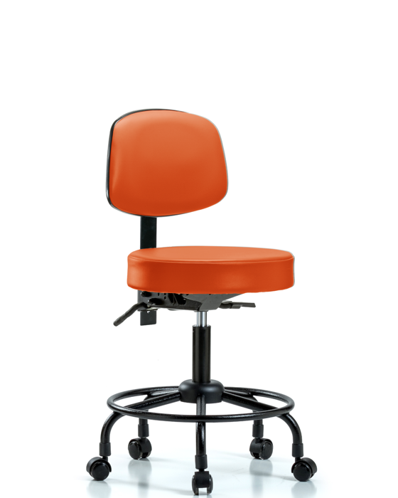 Blue Ridge Ergonomics VDHST-RT-T1-RC-8613 Rutledge Vinyl Stool with Back - Desk Height with Round Tube Base, Seat Tilt, & Casters in Orange Kist Trailblazer™ Vinyl