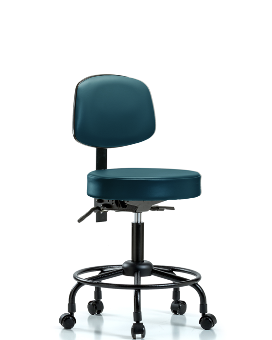 Blue Ridge Ergonomics VDHST-RT-T1-RC-8801 Rutledge Vinyl Stool with Back - Desk Height with Round Tube Base, Seat Tilt, & Casters in Marine Blue Supernova™ Vinyl