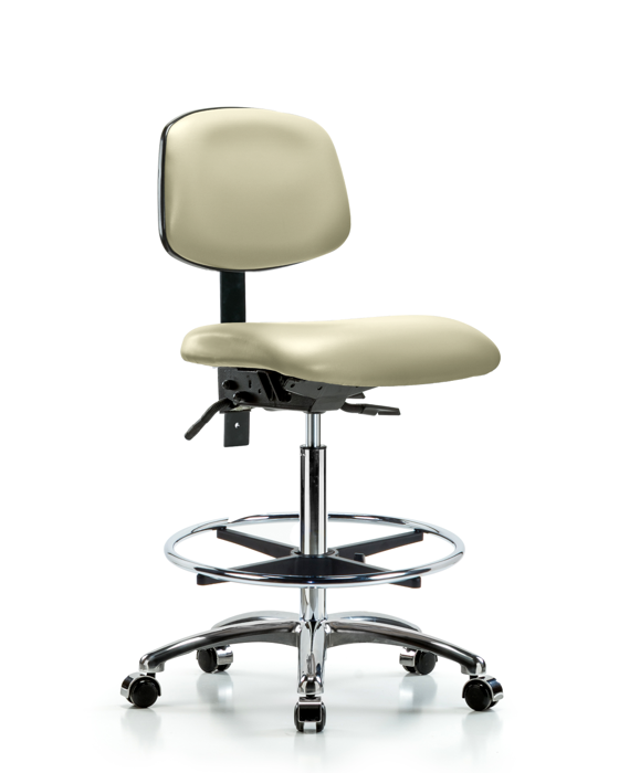Blue Ridge Ergonomics VHBCH-CR-T0-A0-CF-CC-8501 Rutledge Vinyl Chair Chrome - High Bench Height with Chrome Foot Ring & Casters in Adobe White Trailblazer™ Vinyl