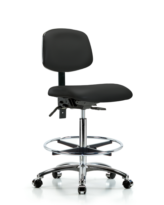 Blue Ridge Ergonomics VHBCH-CR-T0-A0-CF-CC-8540 Rutledge Vinyl Chair Chrome - High Bench Height with Chrome Foot Ring & Casters in Black Trailblazer™ Vinyl