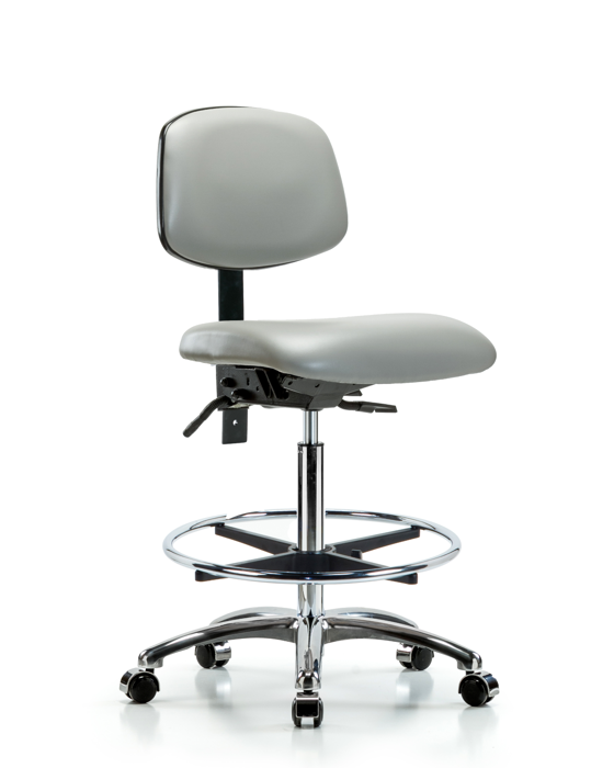 Blue Ridge Ergonomics VHBCH-CR-T0-A0-CF-CC-8567 Rutledge Vinyl Chair Chrome - High Bench Height with Chrome Foot Ring & Casters in Dove Trailblazer™ Vinyl