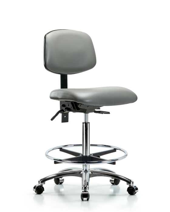 Blue Ridge Ergonomics VHBCH-CR-T0-A0-CF-CC-8840 Rutledge Vinyl Chair Chrome - High Bench Height with Chrome Foot Ring & Casters in Sterling Supernova™ Vinyl