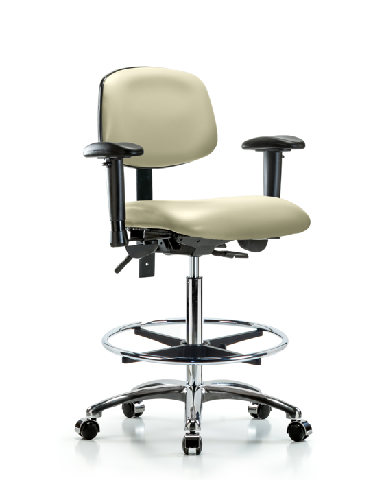 Blue Ridge Ergonomics VHBCH-CR-T0-A1-CF-CC-8501 Rutledge Vinyl Chair Chrome - High Bench Height with Adjustable Arms, Chrome Foot Ring, & Casters in Adobe White Trailblazer™ Vinyl