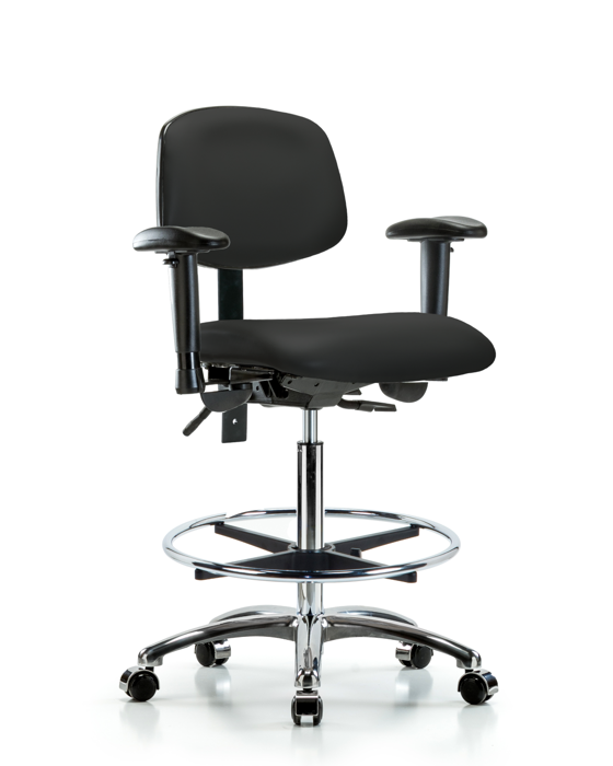 Blue Ridge Ergonomics VHBCH-CR-T0-A1-CF-CC-8540 Rutledge Vinyl Chair Chrome - High Bench Height with Adjustable Arms, Chrome Foot Ring, & Casters in Black Trailblazer™ Vinyl