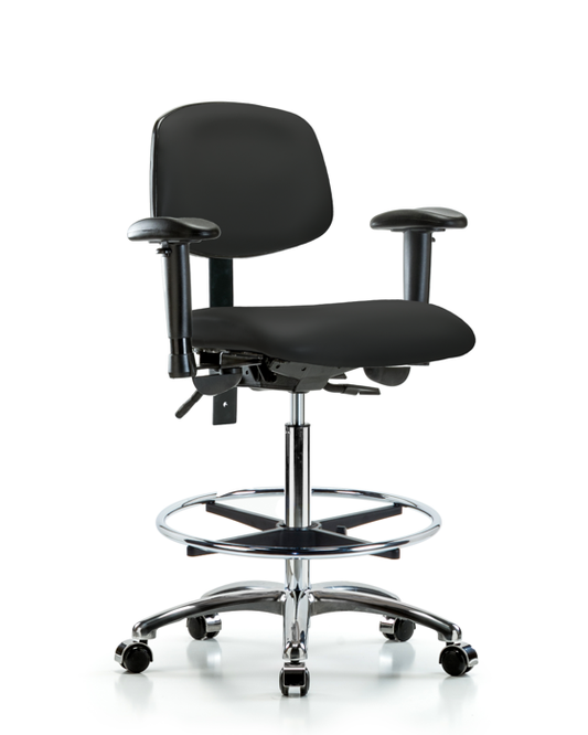 Blue Ridge Ergonomics VHBCH-CR-T0-A1-CF-CC-8540 Rutledge Vinyl Chair Chrome - High Bench Height with Adjustable Arms, Chrome Foot Ring, & Casters in Black Trailblazer™ Vinyl
