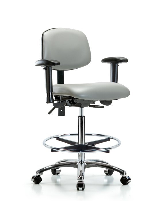 Blue Ridge Ergonomics VHBCH-CR-T0-A1-CF-CC-8567 Rutledge Vinyl Chair Chrome - High Bench Height with Adjustable Arms, Chrome Foot Ring, & Casters in Dove Trailblazer™ Vinyl