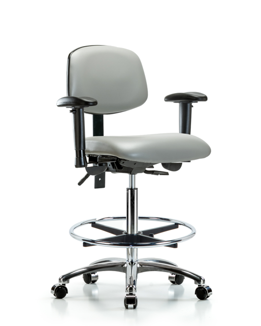 Blue Ridge Ergonomics VHBCH-CR-T0-A1-CF-CC-8567 Rutledge Vinyl Chair Chrome - High Bench Height with Adjustable Arms, Chrome Foot Ring, & Casters in Dove Trailblazer™ Vinyl