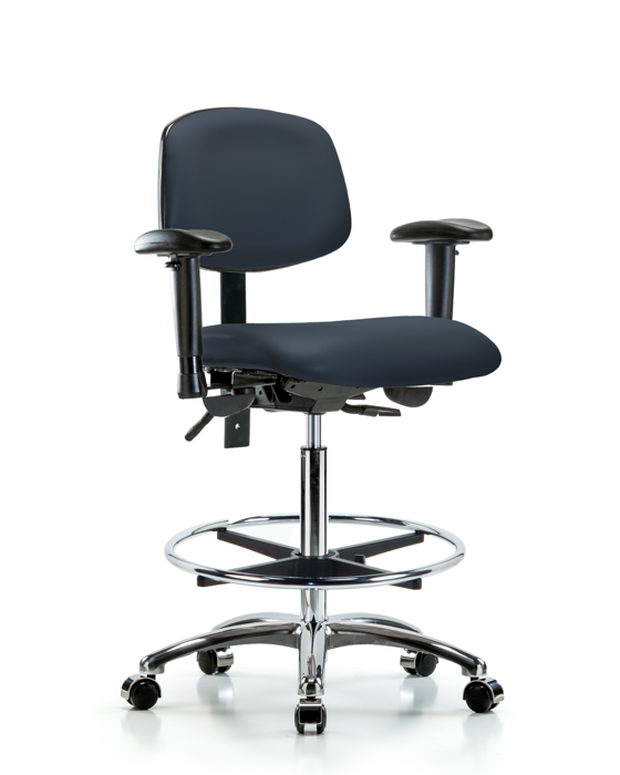 Blue Ridge Ergonomics VHBCH-CR-T0-A1-CF-CC-8582 Rutledge Vinyl Chair Chrome - High Bench Height with Adjustable Arms, Chrome Foot Ring, & Casters in Imperial Blue Trailblazer™ Vinyl