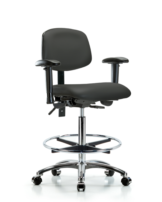 Blue Ridge Ergonomics VHBCH-CR-T0-A1-CF-CC-8605 Rutledge Vinyl Chair Chrome - High Bench Height with Adjustable Arms, Chrome Foot Ring, & Casters in Charcoal Trailblazer™ Vinyl