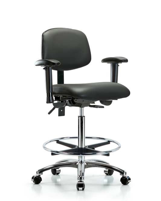 Blue Ridge Ergonomics VHBCH-CR-T0-A1-CF-CC-8823 Rutledge Vinyl Chair Chrome - High Bench Height with Adjustable Arms, Chrome Foot Ring, & Casters in Carbon Supernova™ Vinyl