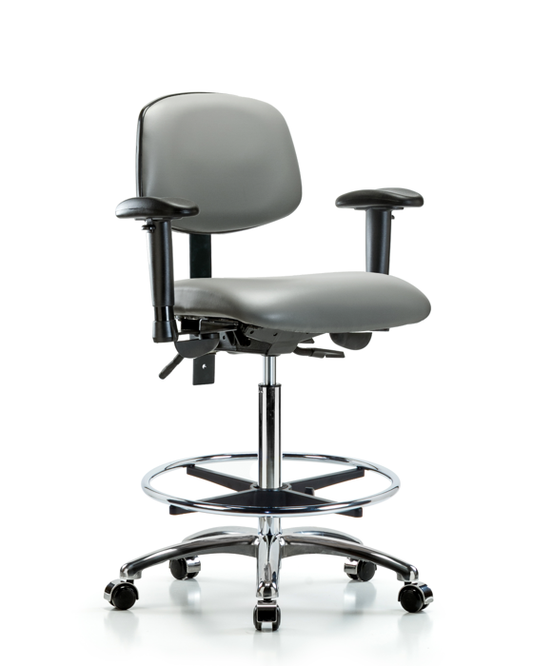 Blue Ridge Ergonomics VHBCH-CR-T0-A1-CF-CC-8840 Rutledge Vinyl Chair Chrome - High Bench Height with Adjustable Arms, Chrome Foot Ring, & Casters in Sterling Supernova™ Vinyl
