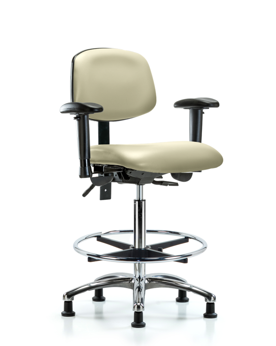 Blue Ridge Ergonomics VHBCH-CR-T0-A1-CF-RG-8501 Rutledge Vinyl Chair Chrome - High Bench Height with Adjustable Arms, Chrome Foot Ring, & Stationary Glides in Adobe White Trailblazer™ Vinyl