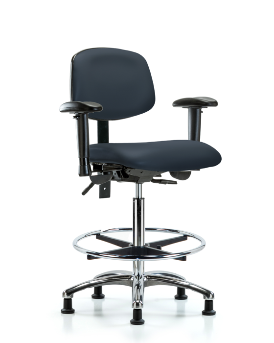 Blue Ridge Ergonomics VHBCH-CR-T0-A1-CF-RG-8582 Rutledge Vinyl Chair Chrome - High Bench Height with Adjustable Arms, Chrome Foot Ring, & Stationary Glides in Imperial Blue Trailblazer™ Vinyl