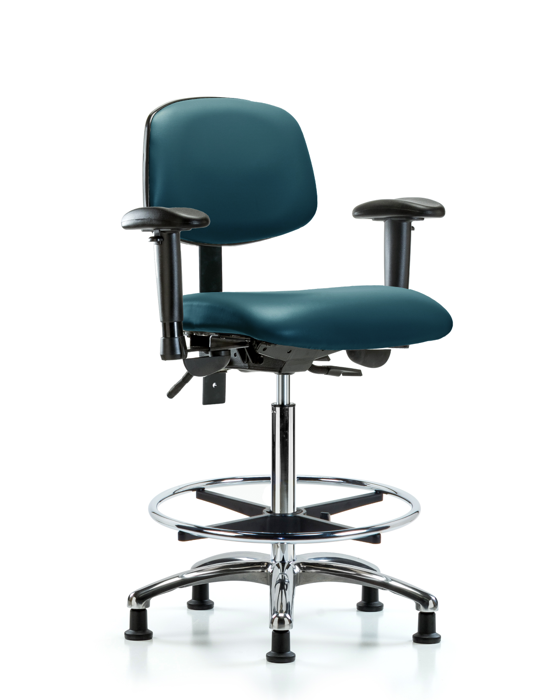 Blue Ridge Ergonomics VHBCH-CR-T0-A1-CF-RG-8801 Rutledge Vinyl Chair Chrome - High Bench Height with Adjustable Arms, Chrome Foot Ring, & Stationary Glides in Marine Blue Supernova™ Vinyl