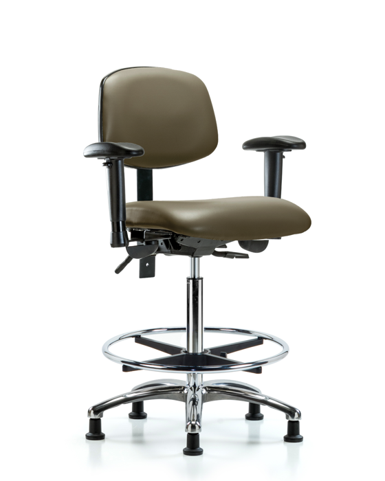 Blue Ridge Ergonomics VHBCH-CR-T0-A1-CF-RG-8809 Rutledge Vinyl Chair Chrome - High Bench Height with Adjustable Arms, Chrome Foot Ring, & Stationary Glides in Taupe Supernova™ Vinyl