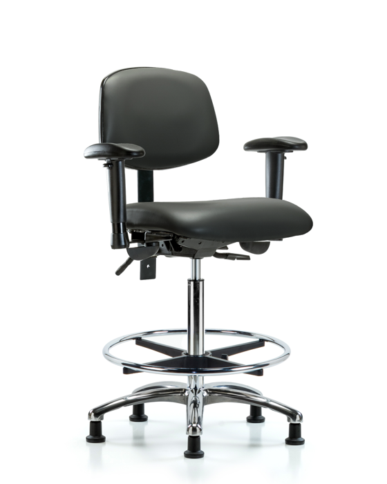 Blue Ridge Ergonomics VHBCH-CR-T0-A1-CF-RG-8823 Rutledge Vinyl Chair Chrome - High Bench Height with Adjustable Arms, Chrome Foot Ring, & Stationary Glides in Carbon Supernova™ Vinyl