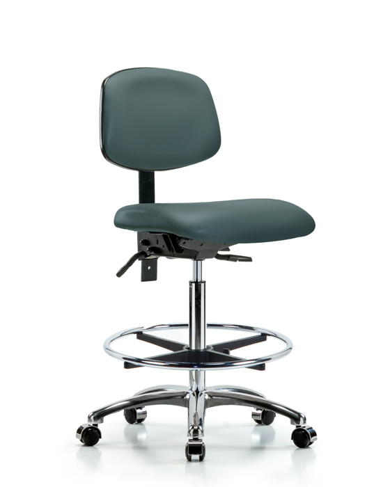 Blue Ridge Ergonomics VHBCH-CR-T1-A0-CF-CC-8546 Rutledge Vinyl Chair Chrome - High Bench Height with Seat Tilt, Chrome Foot Ring, & Casters in Colonial Blue Trailblazer™ Vinyl