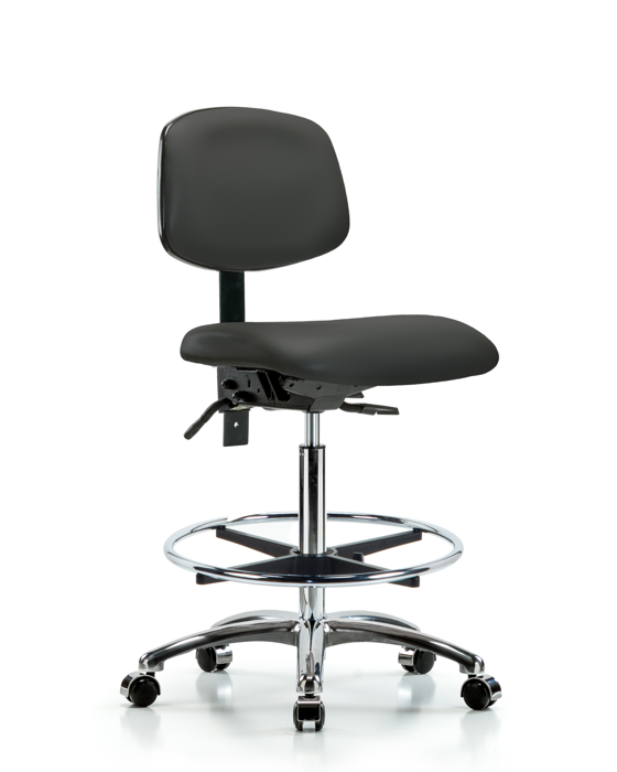 Blue Ridge Ergonomics VHBCH-CR-T1-A0-CF-CC-8605 Rutledge Vinyl Chair Chrome - High Bench Height with Seat Tilt, Chrome Foot Ring, & Casters in Charcoal Trailblazer™ Vinyl