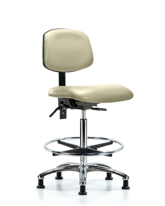 Blue Ridge Ergonomics VHBCH-CR-T1-A0-CF-RG-8501 Rutledge Vinyl Chair Chrome - High Bench Height with Seat Tilt, Chrome Foot Ring, & Stationary Glides in Adobe White Trailblazer™ Vinyl