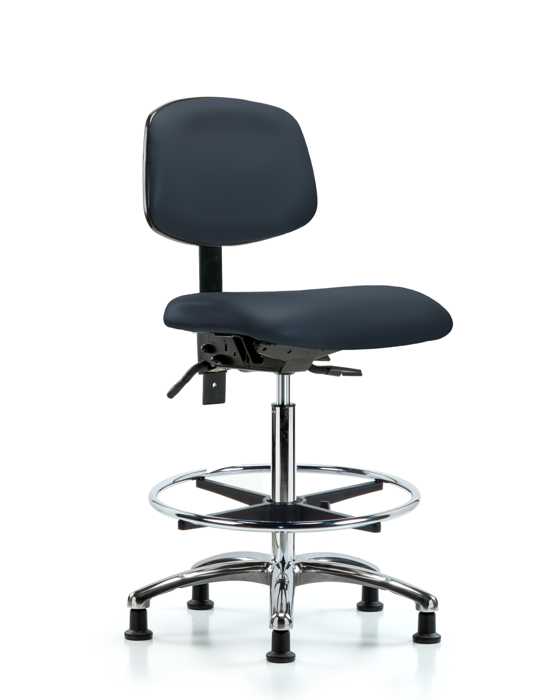 Blue Ridge Ergonomics VHBCH-CR-T1-A0-CF-RG-8582 Rutledge Vinyl Chair Chrome - High Bench Height with Seat Tilt, Chrome Foot Ring, & Stationary Glides in Imperial Blue Trailblazer™ Vinyl