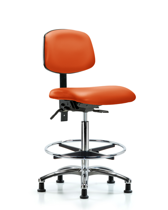 Blue Ridge Ergonomics VHBCH-CR-T1-A0-CF-RG-8613 Rutledge Vinyl Chair Chrome - High Bench Height with Seat Tilt, Chrome Foot Ring, & Stationary Glides in Orange Kist Trailblazer™ Vinyl