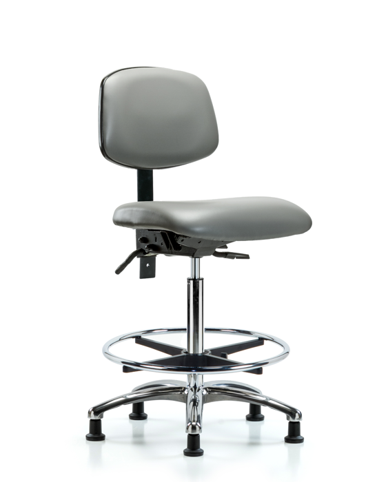 Blue Ridge Ergonomics VHBCH-CR-T1-A0-CF-RG-8840 Rutledge Vinyl Chair Chrome - High Bench Height with Seat Tilt, Chrome Foot Ring, & Stationary Glides in Sterling Supernova™ Vinyl