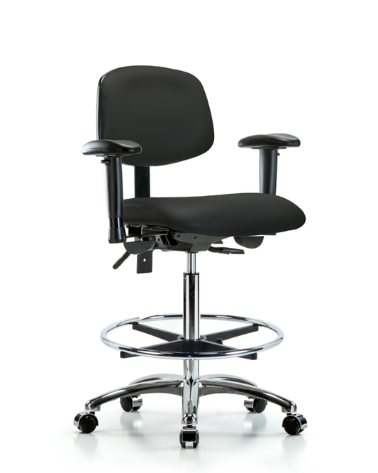 Blue Ridge Ergonomics VHBCH-CR-T1-A1-CF-CC-8540 Rutledge Vinyl Chair Chrome - High Bench Height with Seat Tilt, Adjustable Arms, Chrome Foot Ring, & Casters in Black Trailblazer™ Vinyl