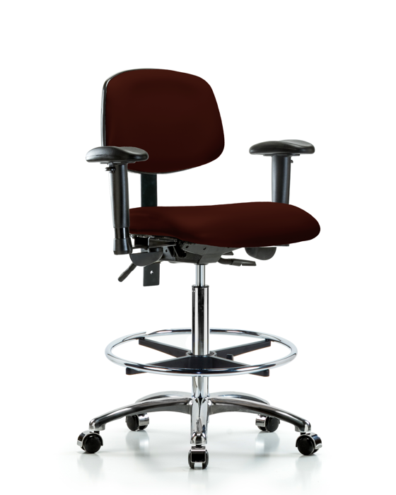 Blue Ridge Ergonomics VHBCH-CR-T1-A1-CF-CC-8569 Rutledge Vinyl Chair Chrome - High Bench Height with Seat Tilt, Adjustable Arms, Chrome Foot Ring, & Casters in Burgundy Trailblazer™ Vinyl