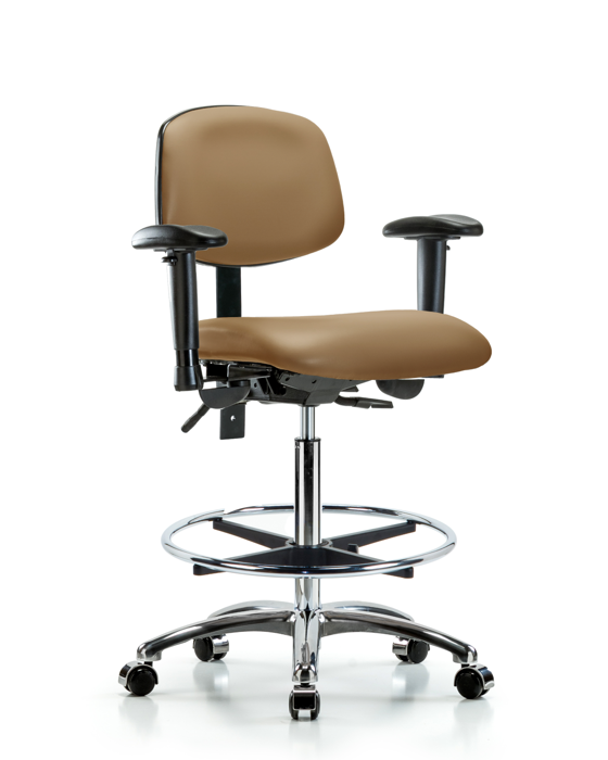 Blue Ridge Ergonomics VHBCH-CR-T1-A1-CF-CC-8584 Rutledge Vinyl Chair Chrome - High Bench Height with Seat Tilt, Adjustable Arms, Chrome Foot Ring, & Casters in Taupe Trailblazer™ Vinyl