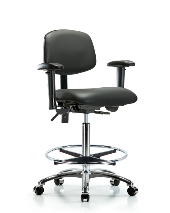 Blue Ridge Ergonomics VHBCH-CR-T1-A1-CF-CC-8823 Rutledge Vinyl Chair Chrome - High Bench Height with Seat Tilt, Adjustable Arms, Chrome Foot Ring, & Casters in Carbon Supernova™ Vinyl