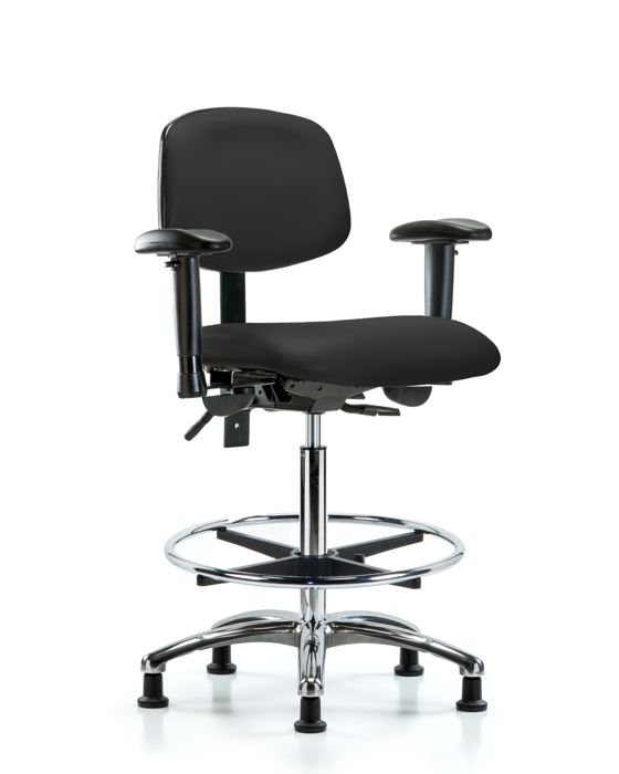 Blue Ridge Ergonomics VHBCH-CR-T1-A1-CF-RG-8540 Rutledge Vinyl Chair Chrome - High Bench Height with Seat Tilt, Adjustable Arms, Chrome Foot Ring, & Stationary Glides in Black Trailblazer™ Vinyl