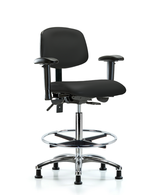 Blue Ridge Ergonomics VHBCH-CR-T1-A1-CF-RG-8540 Rutledge Vinyl Chair Chrome - High Bench Height with Seat Tilt, Adjustable Arms, Chrome Foot Ring, & Stationary Glides in Black Trailblazer™ Vinyl